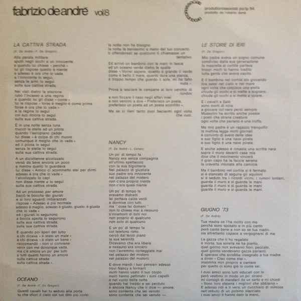 Fabrizio De André – Vol. 8  Prima stampa 1975 - Echoes musicstore