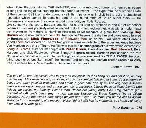 Peter Bardens – The Answer  CD  Digipak